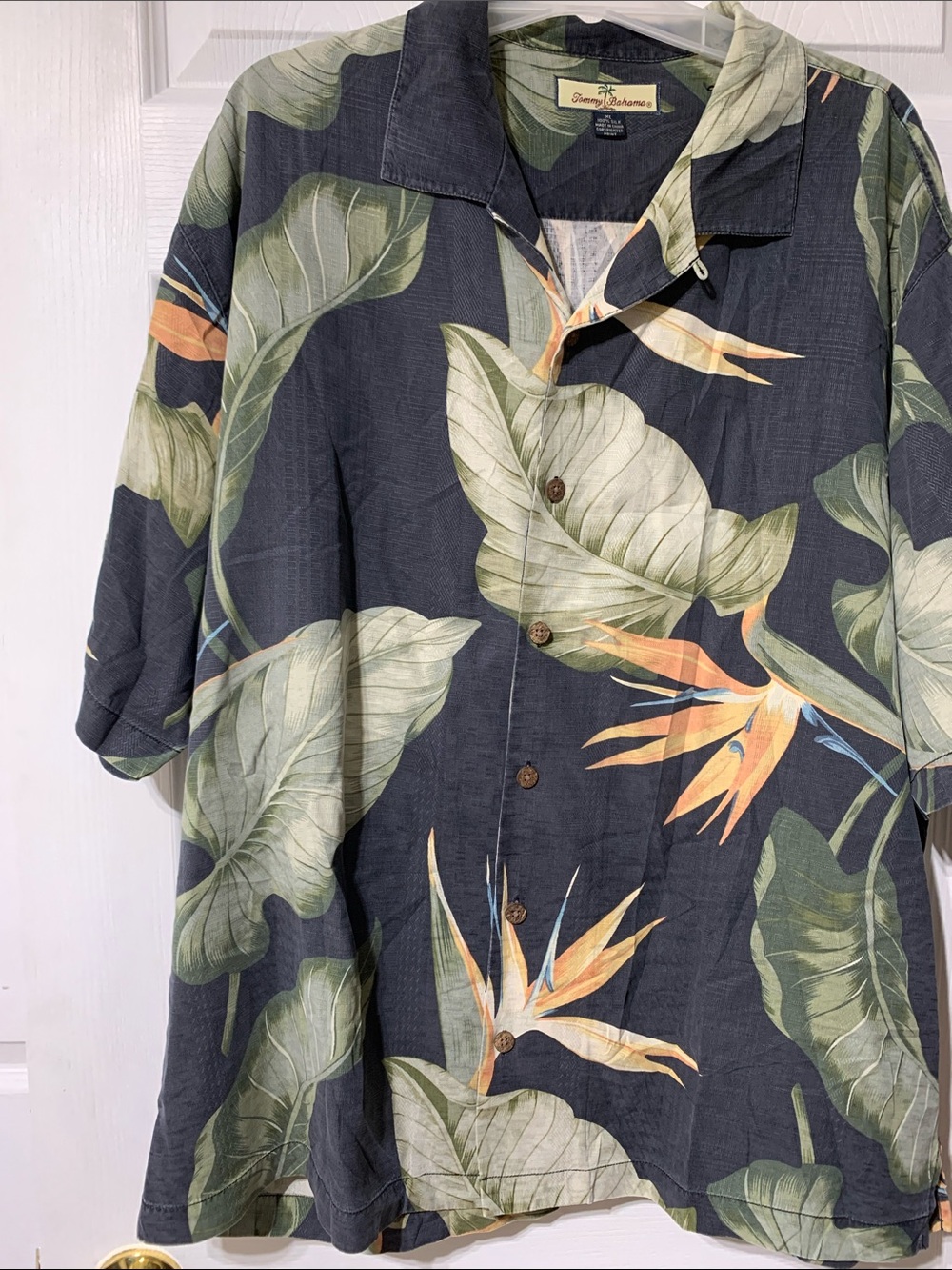 Tommy Bahama Charcoal Tropical Leaf & Orange Bird of Paradise Silk  Shirt